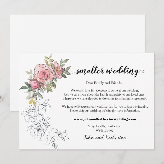 Elegante moderne roze bloemenkleiner bruiloft kaart (Voorkant / Achterkant)