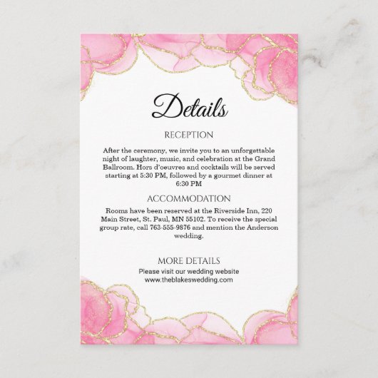 Elegante moderne roze en gouden bruiloft details informatiekaartje (Voorkant)
