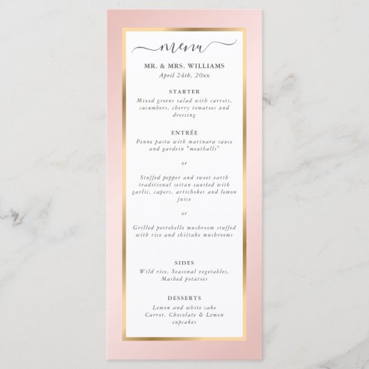 Elegante moderne roze en gouden trouwmenu menu (Voorkant)
