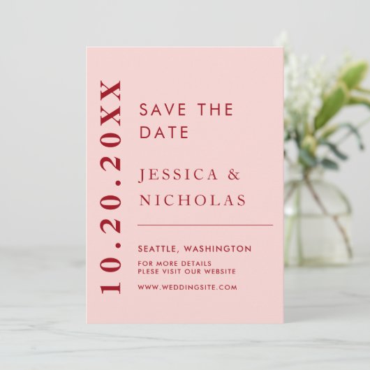 Elegante moderne roze en rode minimalistische brui save the date (Staand voorkant)