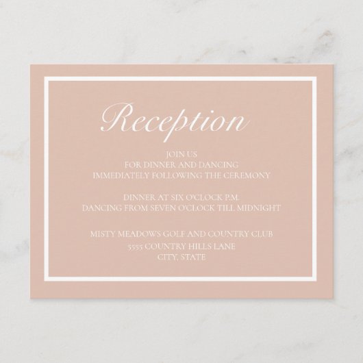 Elegante moderne roze en witte huwelijksreceptie informatiekaartje (Voorkant)