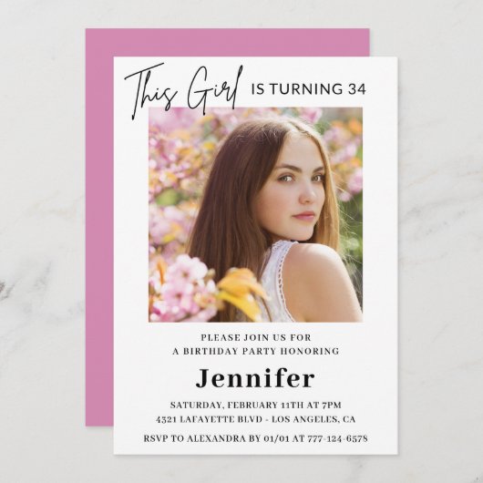 Elegante moderne roze foto 34e verjaardag kaart (Voorkant / Achterkant)