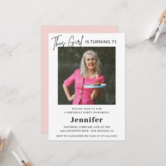 Elegante moderne roze foto 71ste verjaardag kaart (Voorkant / Achterkant in situ)