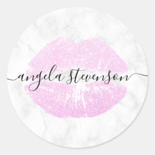 Elegante moderne roze glitter lippen wit marmer ronde sticker