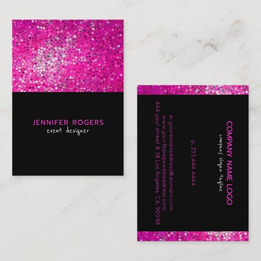 Elegante moderne roze glitter met zwart visitekaartje (Voorkant / Achterkant)