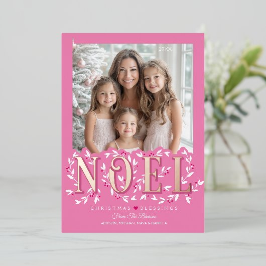 Elegante moderne roze gouden folie foto kerst Kaar Folie Feestdagenkaart (Staand Voorkant)