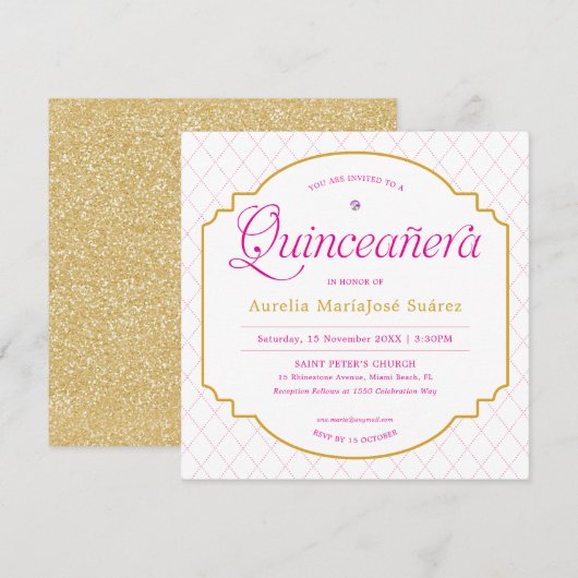 Elegante moderne roze gouden glitter Quinceañera Kaart (Voorkant / Achterkant)