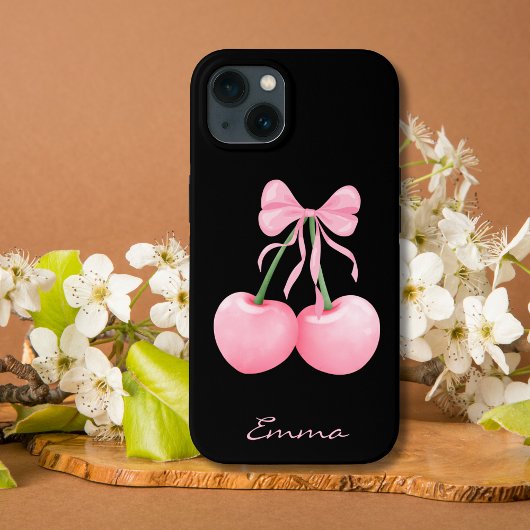 Elegante, moderne roze kersen met roze strik, Cust Case-Mate iPhone Case