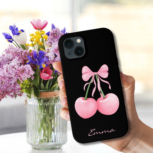 Elegante, moderne roze kersen met roze strik, Cust Case-Mate iPhone Case