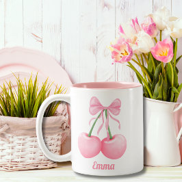 Elegante, moderne roze kersen met roze strik, Cust Tweekleurige Koffiemok
