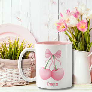 Elegante, moderne roze kersen met roze strik, Cust Tweekleurige Koffiemok