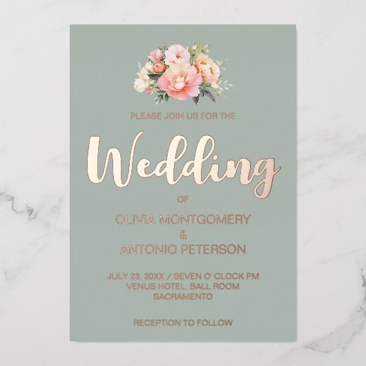 Elegante moderne roze pioen licht salie bruiloft folie uitnodiging (Voorkant)