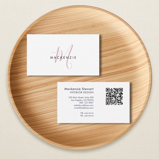 Elegante moderne roze script monogram QR-code Visitekaartje