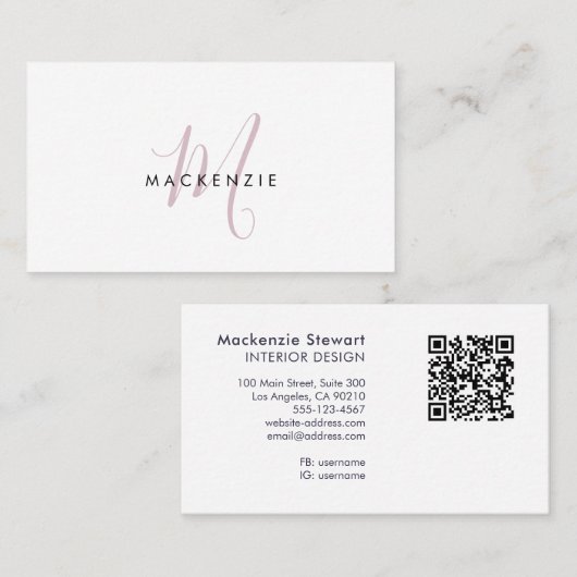 Elegante moderne roze script monogram QR-code Visitekaartje (Voorkant / Achterkant)