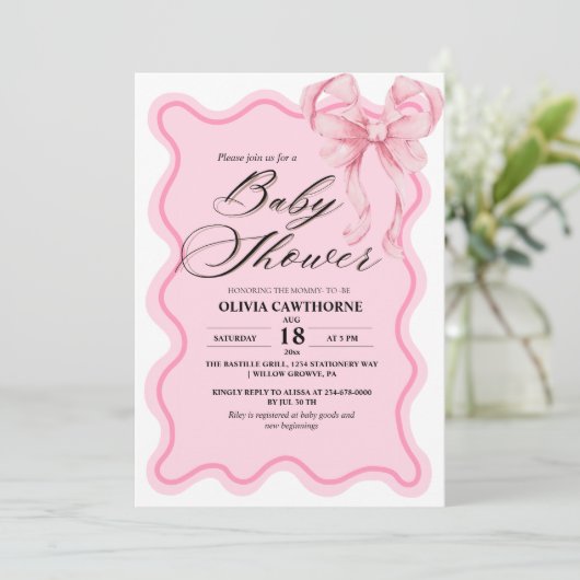 Elegante moderne roze strik baby shower kaart (Staand voorkant)