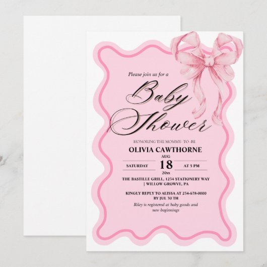 Elegante moderne roze strik baby shower kaart (Voorkant / Achterkant)