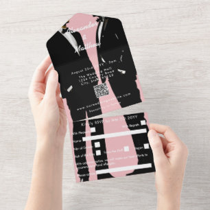 Elegante moderne roze trouwerij voor homoseksuele all in one uitnodiging