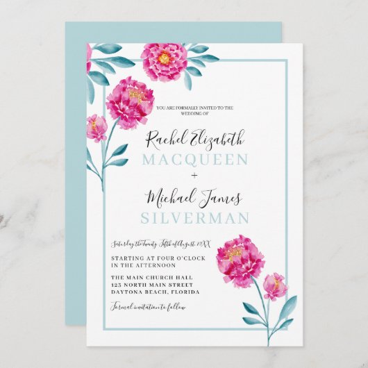 Elegante moderne roze turquoise bloemenrand bruilo kaart (Voorkant / Achterkant)