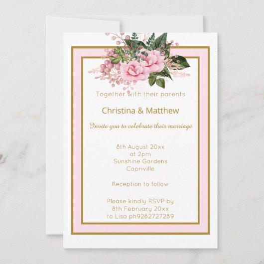 ELEGANTE MODERNE ROZE WIT GOUD FLORALE TROUW KAART (Voorkant)