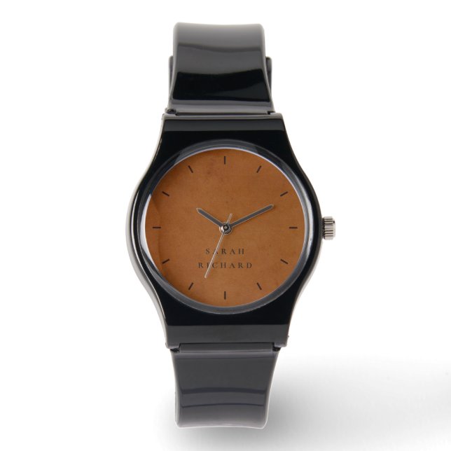 Elegante moderne rustieke tan lederen textuur op m horloge (Voorkant)