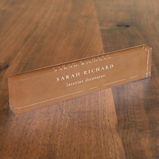 Elegante moderne rustieke tan lederen textuur op m naambordje (Zijkant)