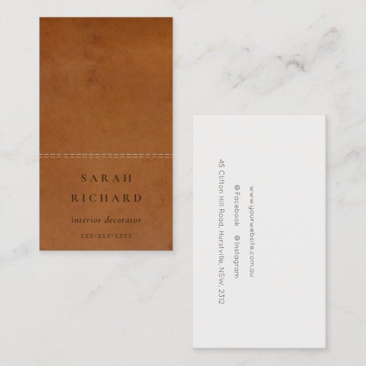Elegante moderne rustieke tan lederen textuur op m visitekaartje (Voorkant / Achterkant)