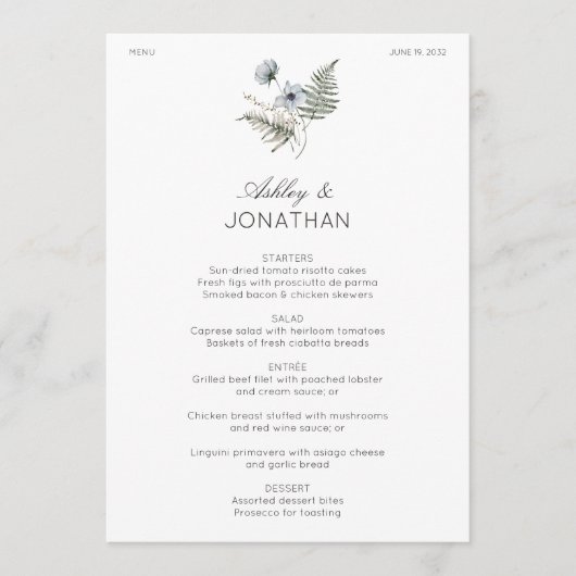 Elegante moderne rustieke Wildflower bruiloft Menu (Voorkant)