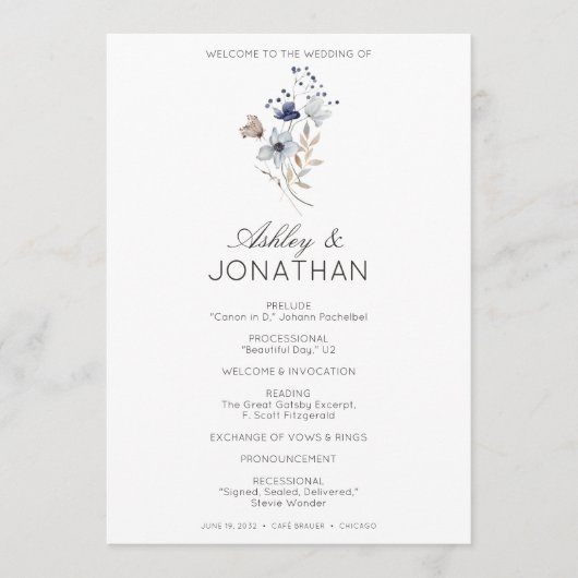 Elegante moderne rustieke Wildflower bruiloft Programmakaart (Voorkant)