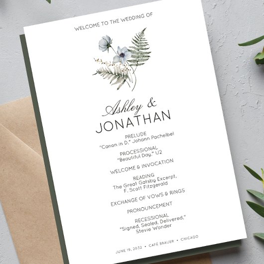 Elegante moderne rustieke Wildflower bruiloft Programmakaart