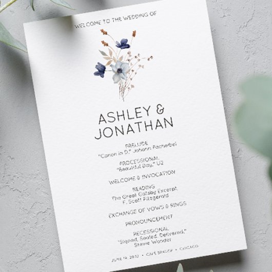 Elegante moderne rustieke Wildflower bruiloft Programmakaart