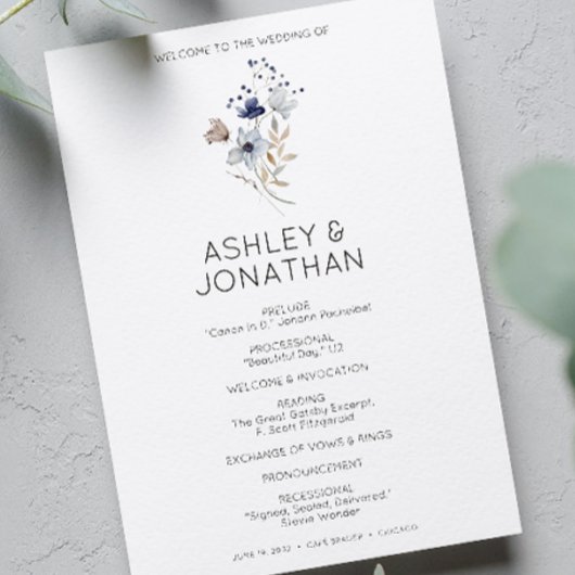 Elegante moderne rustieke Wildflower bruiloft Programmakaart
