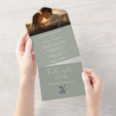 Elegante moderne Sage Green QR-code trouwfoto All In One Uitnodiging (Afscheurbaar)