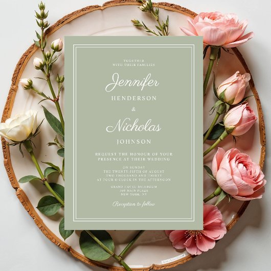 Elegante moderne Sage Green Script bruiloft Kaart
