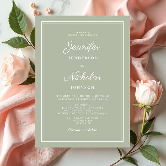 Elegante moderne Sage Green Script bruiloft Kaart