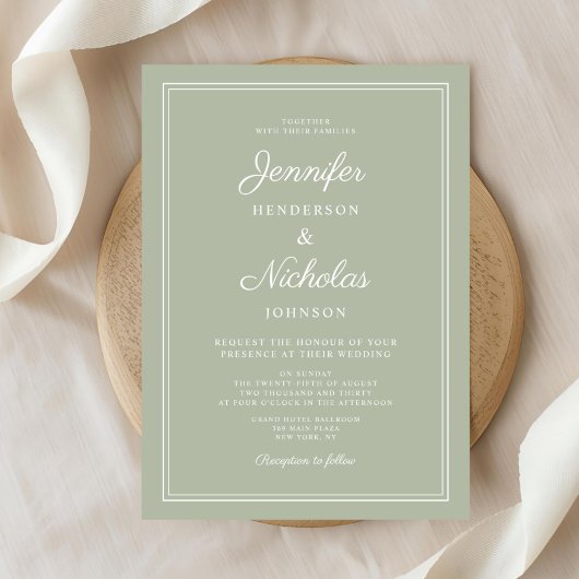 Elegante moderne Sage Green Script bruiloft Kaart