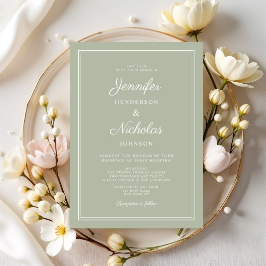 Elegante moderne Sage Green Script bruiloft Kaart