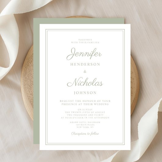 Elegante moderne Sage Green Script bruiloft Kaart