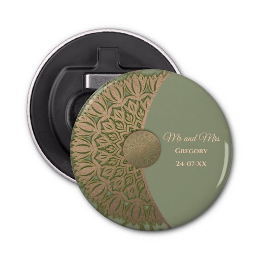 Elegante Moderne Sage groen & gouden klassieker Button Flesopener (Voorkant)