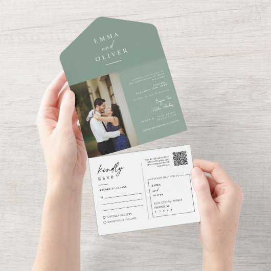 Elegante Moderne Sage Groene Boho QR Code Foto RSV All In One Uitnodiging (Afscheurbaar)