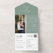 Elegante Moderne Sage Groene Boho QR Code Foto RSV All In One Uitnodiging (Binnen)