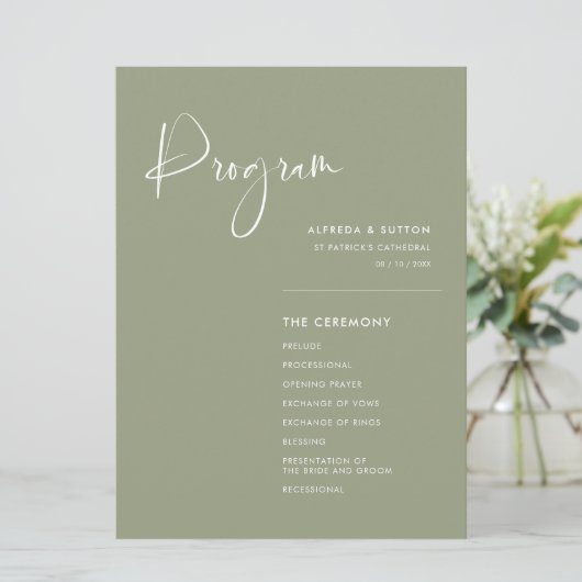 Elegante & moderne Sage groene bruiloft Programmakaart (Staand voorkant)