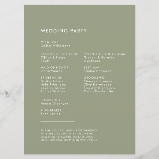 Elegante & moderne Sage groene bruiloft Programmakaart (Achterkant)