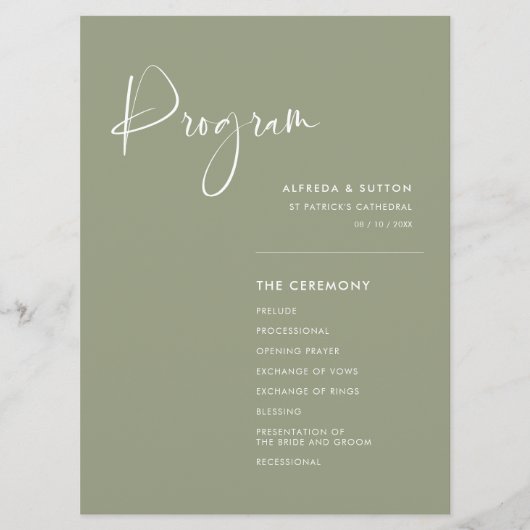 Elegante & moderne Sage groene bruiloft Programmakaart (Voorkant)