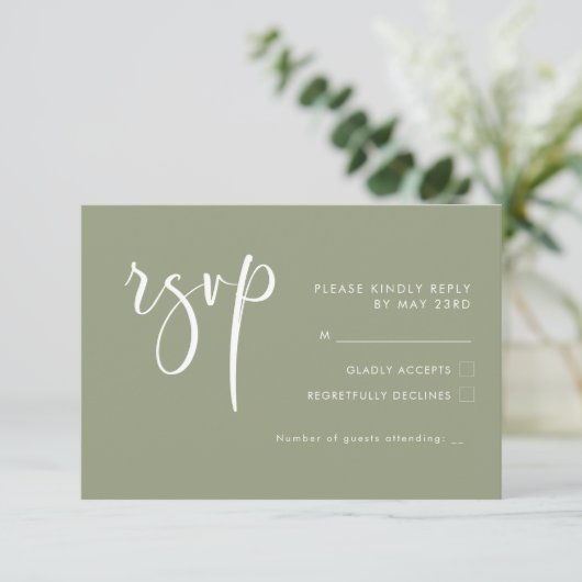 Elegante & moderne Sage groene bruiloft RSVP (Staand voorkant)