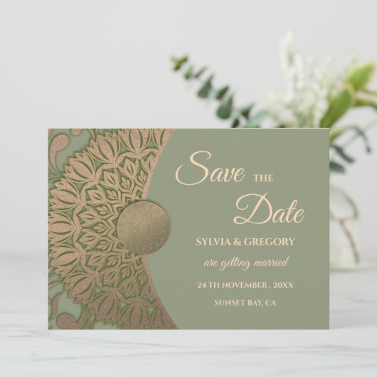 Elegante Moderne Salie groen & goud klassieke mand Save The Date (Staand voorkant)