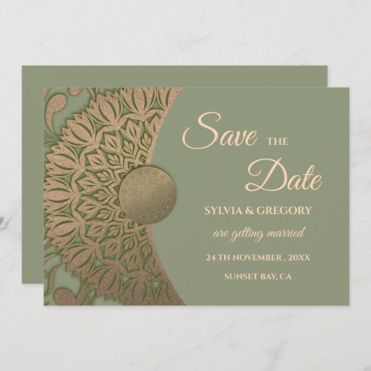 Elegante Moderne Salie groen & goud klassieke mand Save The Date (Voorkant / Achterkant)