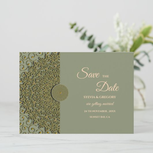 Elegante Moderne Salie groen & goud klassieke mand Save The Date (Staand voorkant)