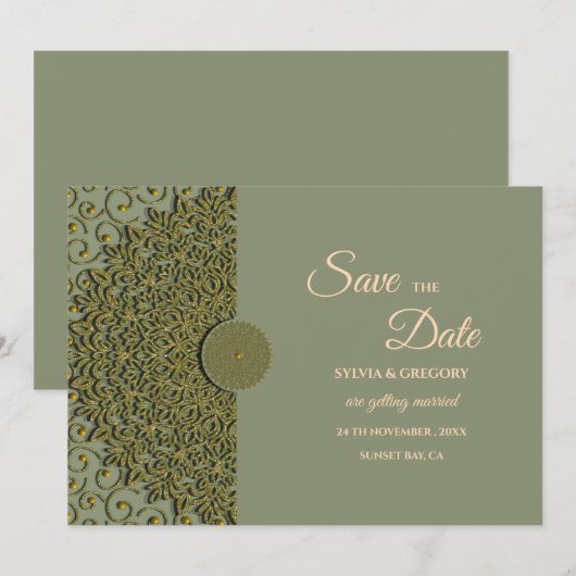 Elegante Moderne Salie groen & goud klassieke mand Save The Date (Voorkant / Achterkant)