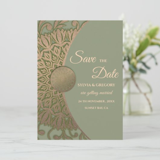 Elegante Moderne Salie groen & goud klassieke mand Save The Date (Staand voorkant)