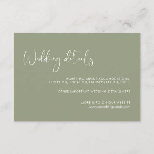 Elegante & moderne salie groene bruiloft details k informatiekaartje (Voorkant)